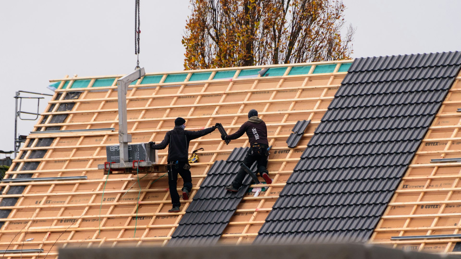 Deux couvreurs posant des tuiles sur la charpente d'un bâtiment neuf