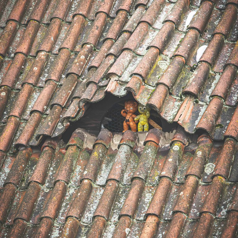 Vieilles tuiles en terre cuite usées, avec un trou où des tuiles sont cassées